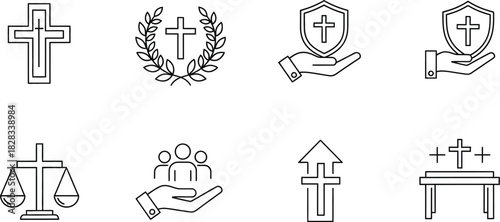 Collection of eight outline Christian faith and justice vector icons for religious concepts and community support
