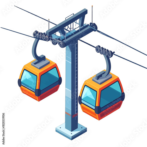 Two orange cable car pods suspended from a blue support tower on a wire system with isometric perspective and a white background