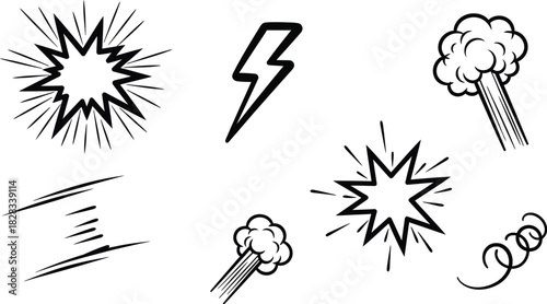 Comic book effect icon set featuring various vector illustrations of explosions lightning speed lines smoke and impact.