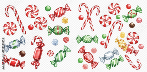 Watercolor illustration of various Christmas candies including candy canes, wrapped sweets, and round peppermint treats, isolated on a transparent background.