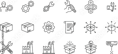 Industrial engineering and manufacturing process vector icon set for factory automation and logistics technology