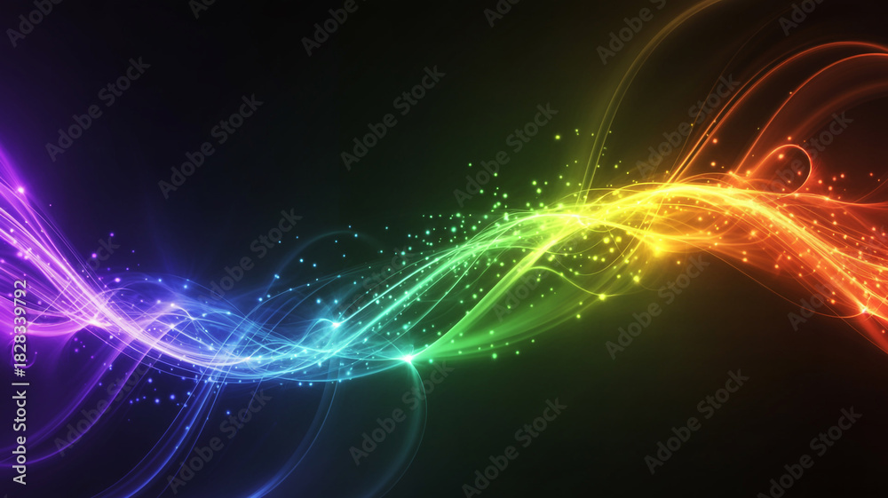 Obraz premium Vibrant Rainbow Light Waves with Sparkling Particles and Swirling Trails Keywords: vibrant, rainbow, light, waves, sparkling, particles, swirling, trails, colorful