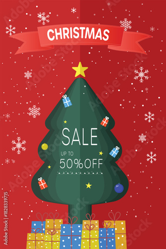 Vibrant Christmas Sale Banner Illustration with Festive Tree, Snowflakes, and Big Discount Text - Up to 50% Off Promotion Graphic.