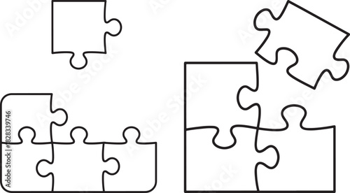 Puzzle pieces being assembled and separate silhouette