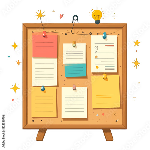 Colorful corkboard with assorted papers and starbursts representing ideas and creativity on a white background