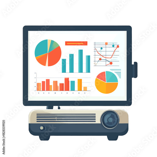 Digital Projector Displaying Colorful Business Data Charts and Graphs on Screen with Clear Background