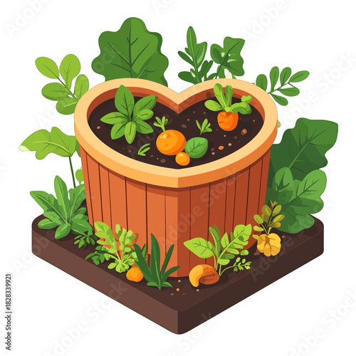 Heart Shaped Planter With Fresh Vegetables Growing In Rich Dark Soil And Lush Green Leaves Surrounding The Garden