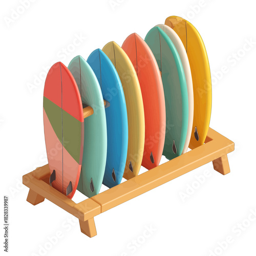 Collection Of Colorful Surfboards Lined Up On A Wooden Rack Ready For Ocean Waves And Water Sports