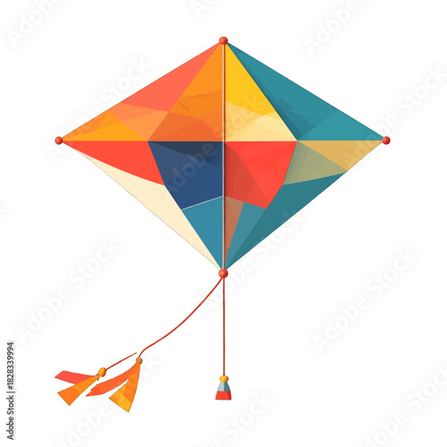 Geometric Kite with Colorful Triangles and Tassels Isolated on White Background