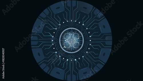 Circular technological design with glowing dots and intricate circuit patterns on dark background