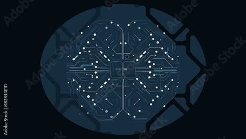 Stylized brain design with circuit board pattern in oval frame on dark background artificial intelligence