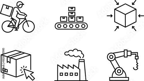 Six logistics and supply chain outline icons vector illustrating manufacturing delivery and e-commerce processes.