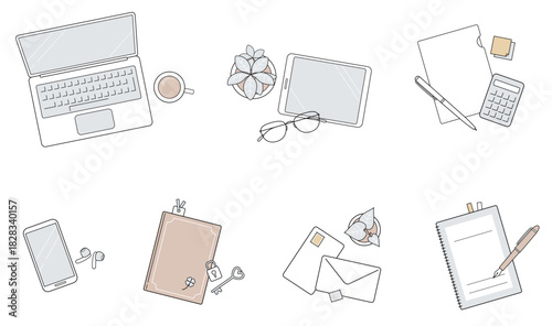 ミニマルなビジネス関連の俯瞰レイアウト｜くすみカラーの上品なラインアイコンセット