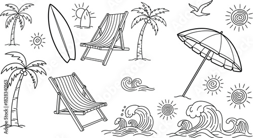 Summer vacation outline vector icon collection featuring beach elements like palm trees surfboard and beach umbrella