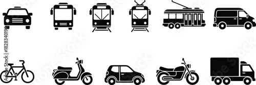 Vehicle transportation icon vector set featuring various modes of transport for travel and logistics