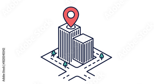 Isometric illustration of city buildings with a red map pin on top, representing a location, address, or destination on a map.