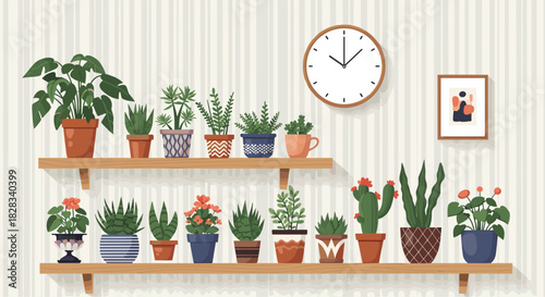 Cozy interior scene with numerous potted houseplants on wooden shelves, a wall clock, and a framed picture creating a modern urban jungle.