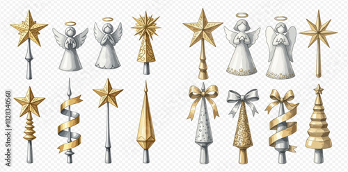 A collection of various Christmas tree toppers, including golden stars, silver angels, and decorative conical shapes with bows and ribbons.