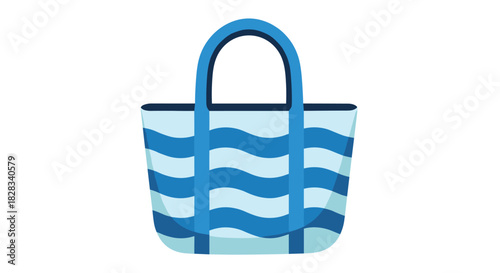 Simple flat design icon of a blue and white striped beach bag, perfect for summer vacation and travel-related web graphics.