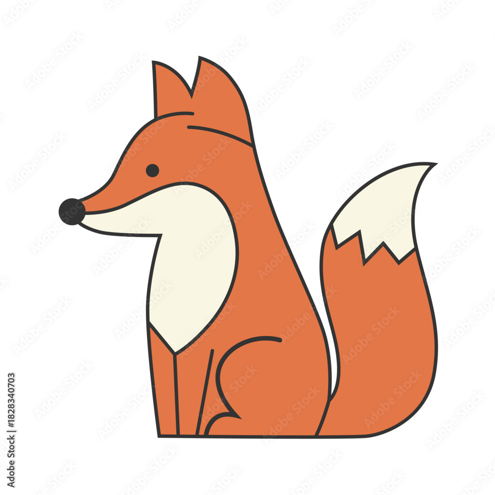 Obraz premium Cute cartoon illustration of a sitting fox with a fluffy tail and white markings.