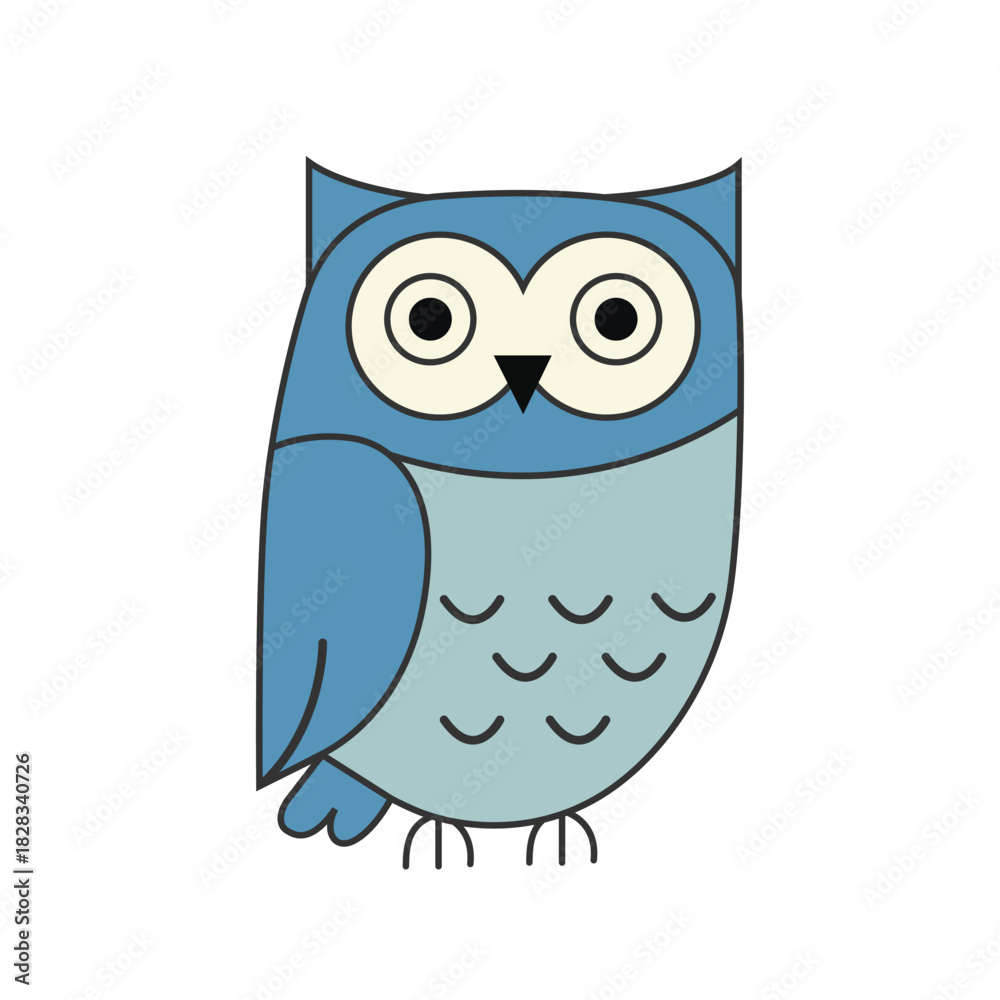 Fototapeta premium Cute cartoon vector owl with big eyes and small wings isolated on a white background.