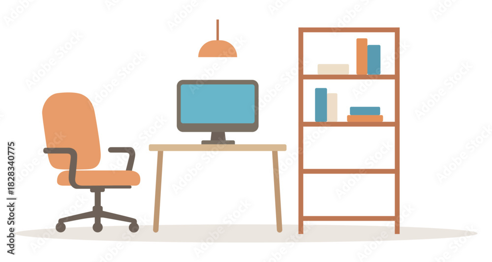 Fototapeta premium Modern minimalist home office setup with computer chair desk and bookshelf.