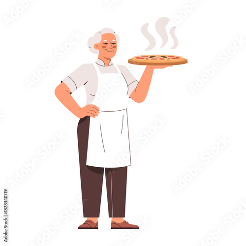 An elderly man showcases a freshly baked pizza on a wooden plate, wearing an apron, representing the joy and tradition of sharing food in a welcoming kitchen environment.