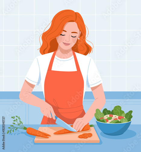 A bright kitchen scene depicting a woman expertly slicing fresh carrots to prepare a vibrant salad, emphasizing cleanliness and healthy food preparation.