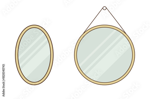 Two decorative oval and round mirrors with wooden frames hanging on a wall.