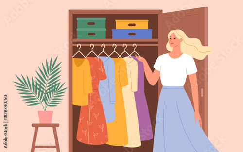 A fashionable woman is selecting outfits from her organized wardrobe, showcasing stylish dresses and vibrant colors, perfect to express her unique style and personality.
