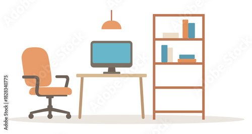 Modern minimalist home office setup with computer chair desk and bookshelf.