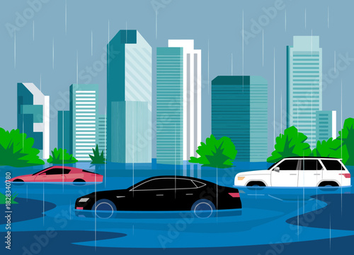 A dramatic illustration of a city experiencing flooding, with vehicles partially submerged in water, highlighting the impact of natural disasters on urban environments.