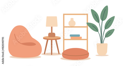 Cozy living room interior with bean bag armchair and potted plant minimal flat vector.