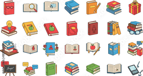 Large Colorful Book and Education Icon Vector Collection Illustrating Open and Closed Books, Stacks, E-readers, and Learning Supplies for School and Knowledge-Themed Designs