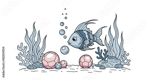 A cute cartoon fish swimming underwater among seaweed, corals, and pink pearls, with air bubbles rising, on a white background.