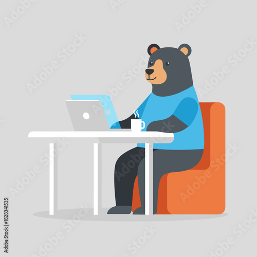 Cartoon bear sitting at desk working on laptop with coffee cup  