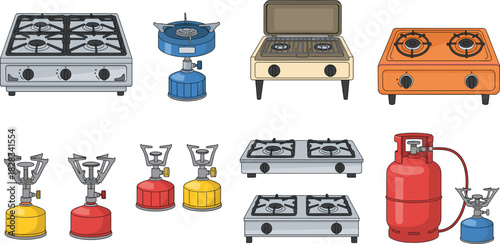 Portable Gas Stove and Camping Cooker Vector Illustration Collection Featuring Two-Burner Ranges, Small Camp Stoves, and a Propane Tank for Outdoor and Kitchen Equipment Concepts