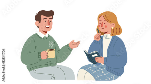 People communicating. Positive communication between friends or couples, expressions of enthusiasm, and sharing. Flat vector cartoon illustration isolated on white.