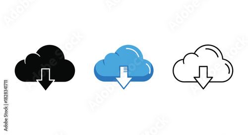 Set of three cloud download icons in black solid, blue glossy, and outline style