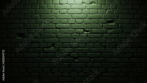 Dark Green nightly realistic brick wall. Green brick background