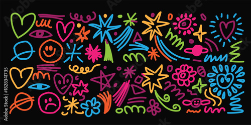 Vibrant neon doodle art with stars hearts and smiley faces