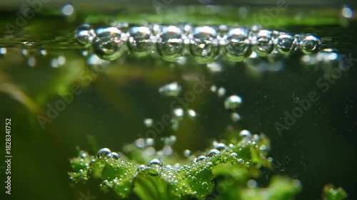 Dynamic underwater scene featuring numerous air bubbles ascending from a rocky seabed, illuminated by dappled sunlight filtering through the water surface.
