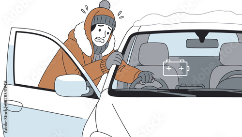 Freezing driver stuck with dead battery in snow needs roadside assistance now clean minimal vector illustration layout