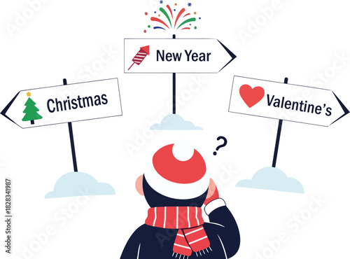 Confused person stands beneath holiday signs unsure where to go this season flat vector illustration style
