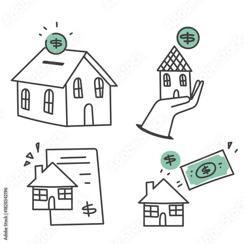 hand drawn doodle house, money and document icon collection related