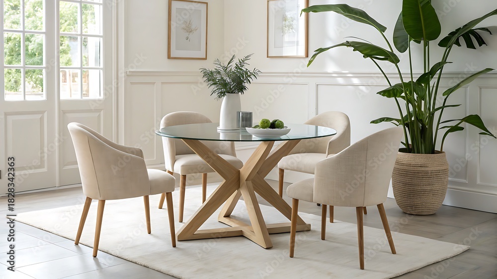 Fototapeta premium Bright dining room with glass table and beige chairs, creating a cozy and inviting space