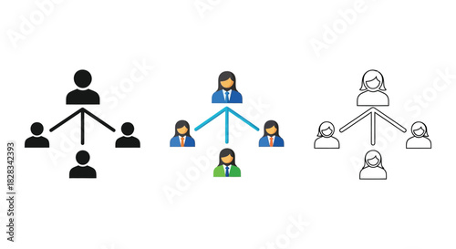 Set of three organizational structure icons for hierarchy and team management in black, color, and outline style