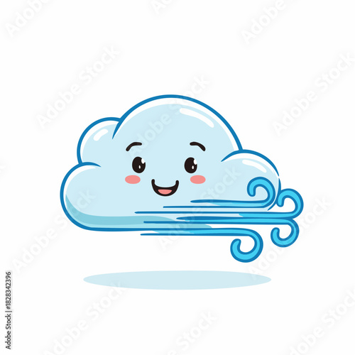 Smiling cartoon cloud blowing wind with a cheerful expression, flat vector illustration with bold outlines on a white background
