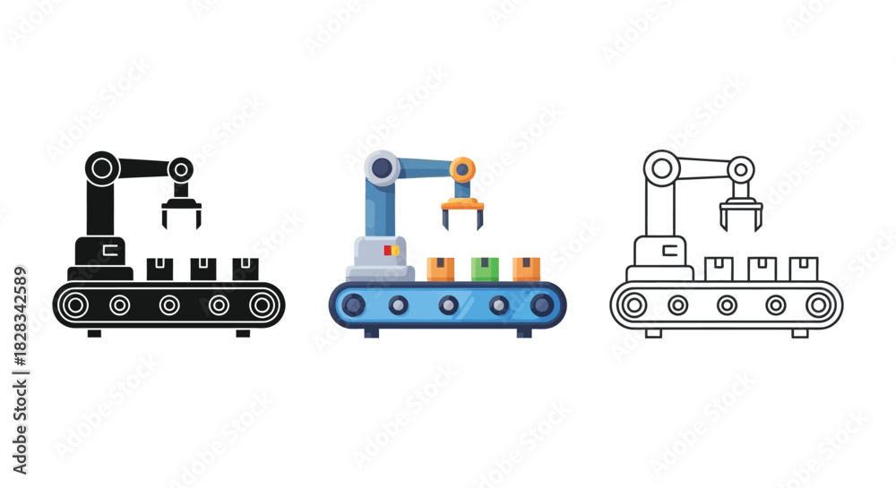 Fototapeta premium Set of three robotic arm conveyor icons with boxes in solid, color, and outline style