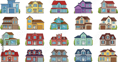 Retro Pixel Art Style House Collection Vector Set Illustrating Diverse Residential Buildings, Including Modern, Suburban, and Traditional Homes for Game Design and Digital Graphics